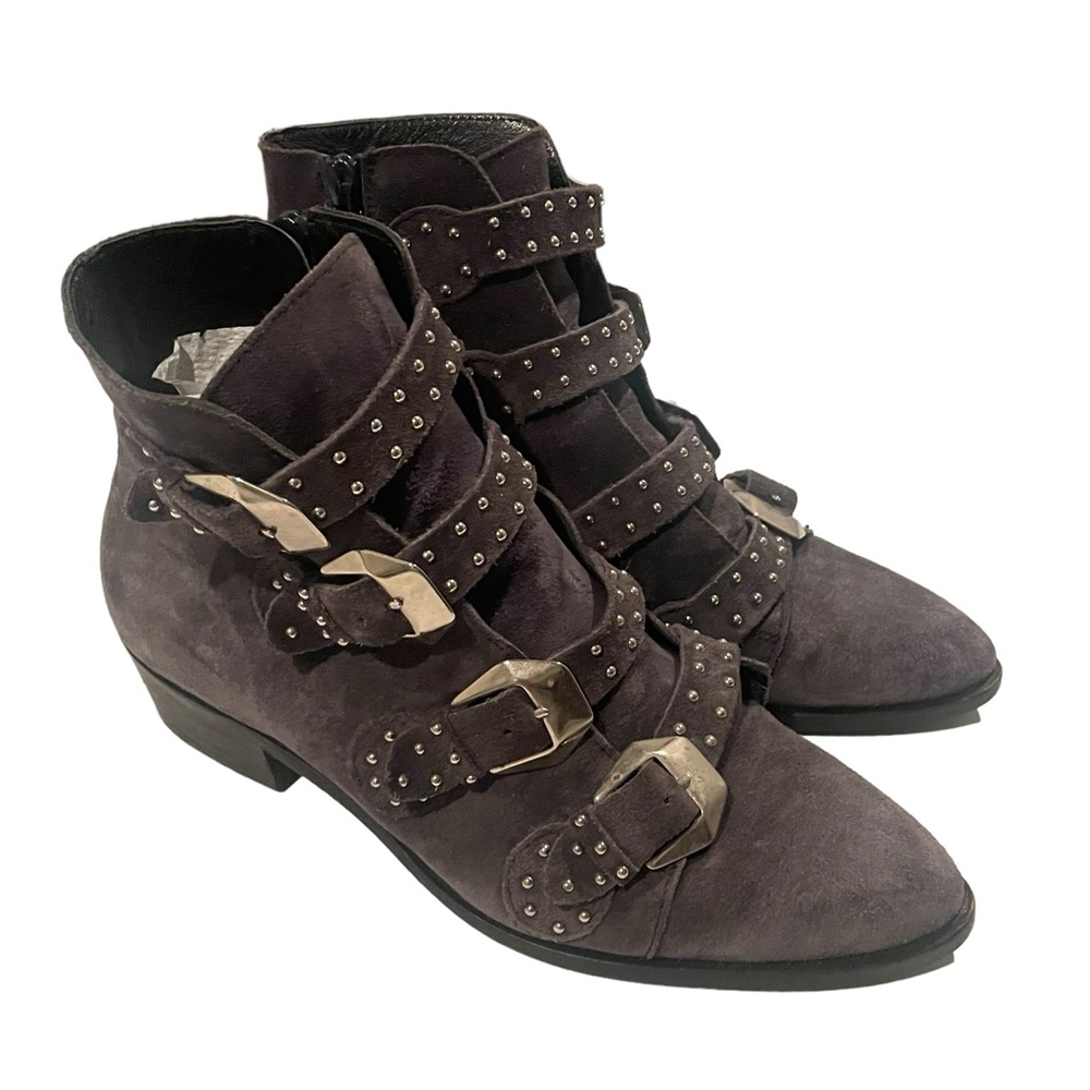 Revolve Toral Buckle Studded  gray Suede Ankle Booties size 38 7.5